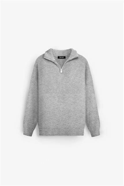 Erkek Oversize Yarım Fermuarlı Kazak Gri