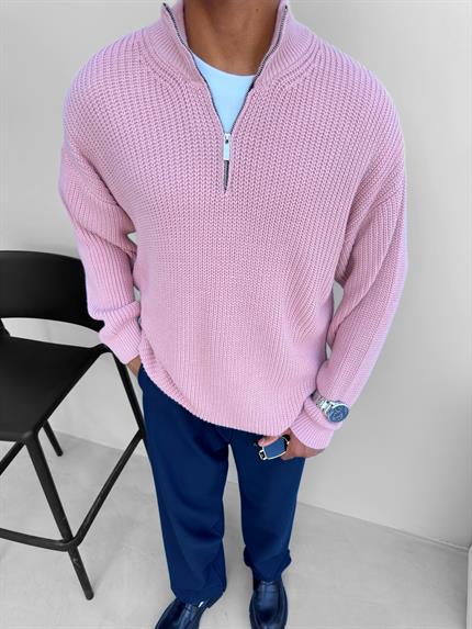 Erkek Oversize Yarım Fermuarlı Kazak Pembe