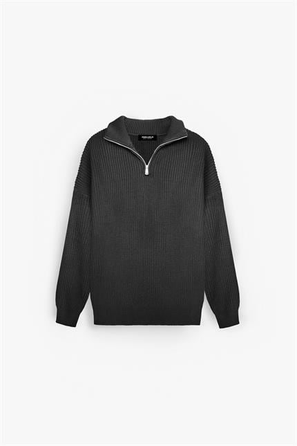 Erkek Oversize Yarım Fermuarlı Kazak Siyah