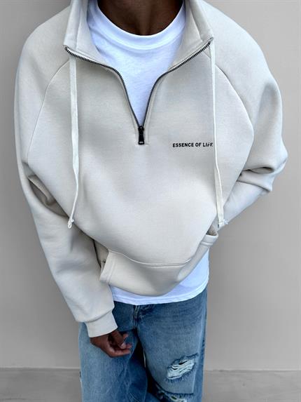 Erkek Oversize Yarım Fermuarlı Sweatshirt Bej