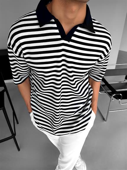 Erkek Oversize Yarım Pat Polo Yaka Çizgili T-Shirt Beyaz - Siyah