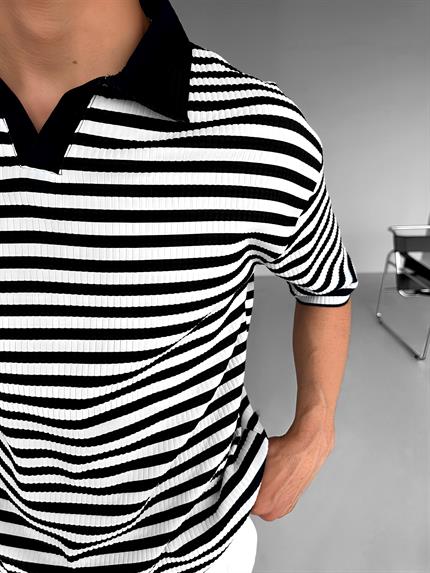 Erkek Oversize Yarım Pat Polo Yaka Çizgili T-Shirt Beyaz - Siyah