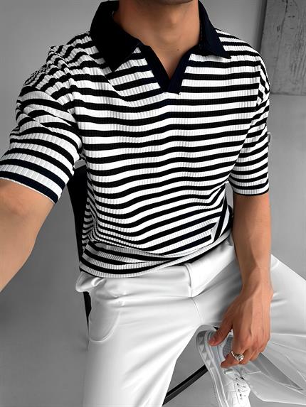 Erkek Oversize Yarım Pat Polo Yaka Çizgili T-Shirt Beyaz - Siyah