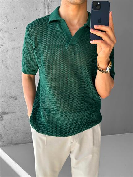 Erkek Oversize Yarım Pat Yaka File Çizgili T-Shirt Yeşil