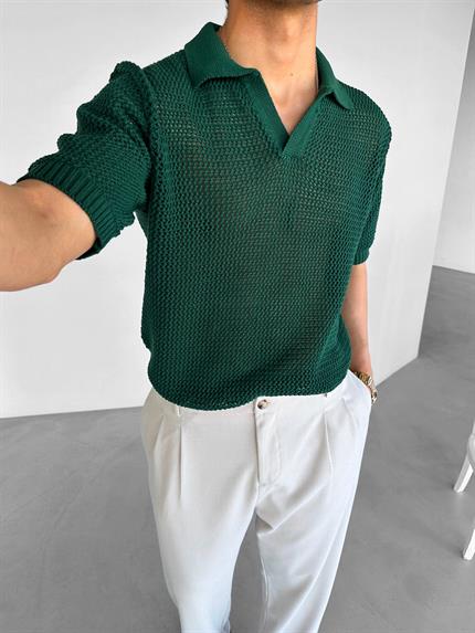 Erkek Oversize Yarım Pat Yaka File Çizgili T-Shirt Yeşil