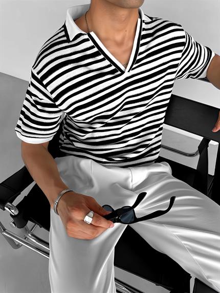 Erkek Oversize Yarım Pat Yaka Fileli Esnek T-Shirt Siyah Beyaz