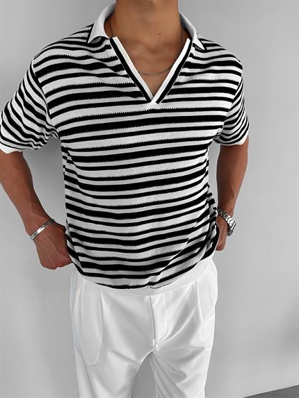 Erkek Oversize Yarım Pat Yaka Fileli Esnek T-Shirt Siyah Beyaz