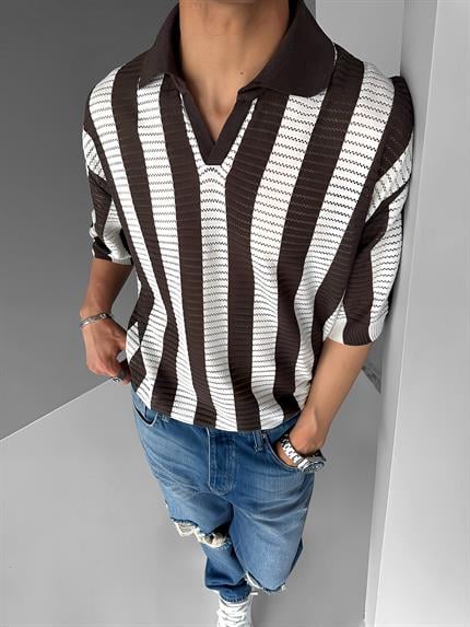 Erkek Oversize Yarım Pat Yaka Fileli Triko T-Shirt Kahverengi