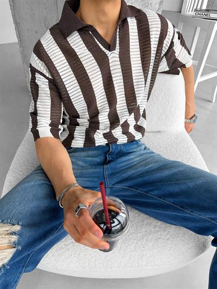 Erkek Oversize Yarım Pat Yaka Fileli Triko T-Shirt Kahverengi