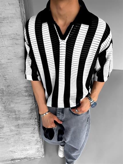 Erkek Oversize Yarım Pat Yaka Fileli Triko T-Shirt Siyah