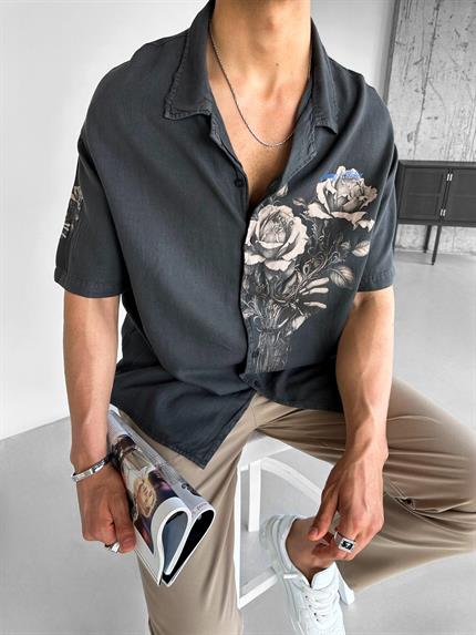 Erkek Oversize Young Atelier Baskılı Flower Desenli Gömlek Siyah