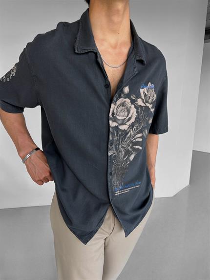 Erkek Oversize Young Atelier Baskılı Flower Desenli Gömlek Siyah