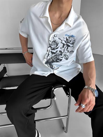 Erkek Oversize Young Atelier Baskılı Flower Desenli Gömlek Beyaz