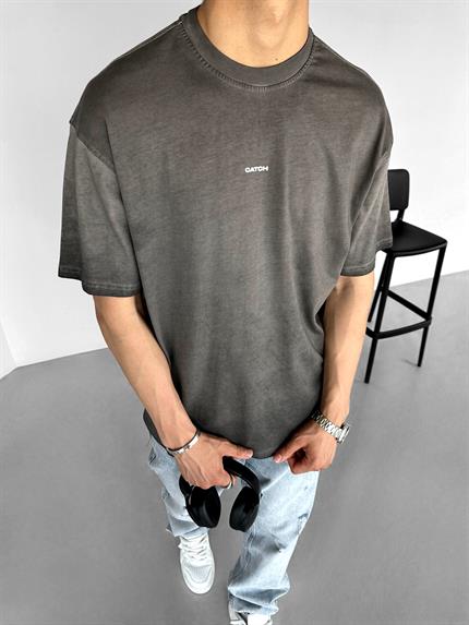 Erkek Oversize Yuvarlak Yaka Yıkamalı Catch T-Shirt Antrasit