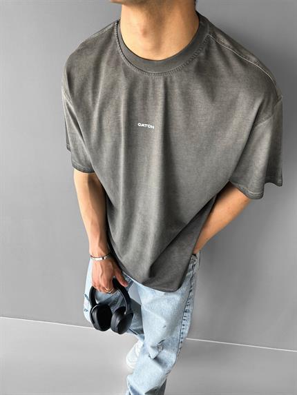 Erkek Oversize Yuvarlak Yaka Yıkamalı Catch T-Shirt Antrasit
