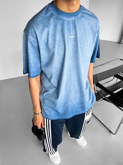 Erkek Oversize Yuvarlak Yaka Yıkamalı Catch T-Shirt Mavi