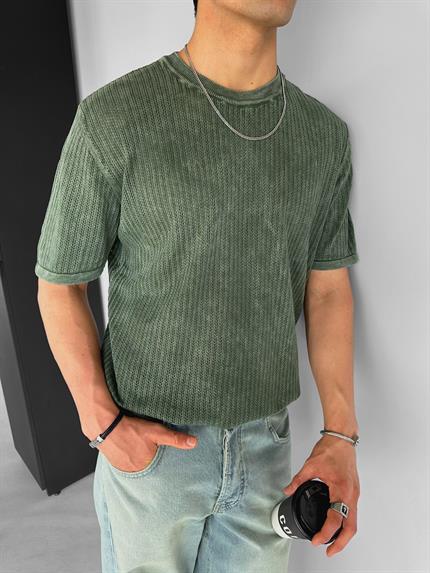 Erkek Pamuklu Dokulu Esnek Yıkama Görünümlü Triko T-Shirt Yeşil