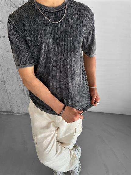 Erkek Pamuklu Dokulu Esnek Yıkama Görünümlü Triko T-Shirt Siyah