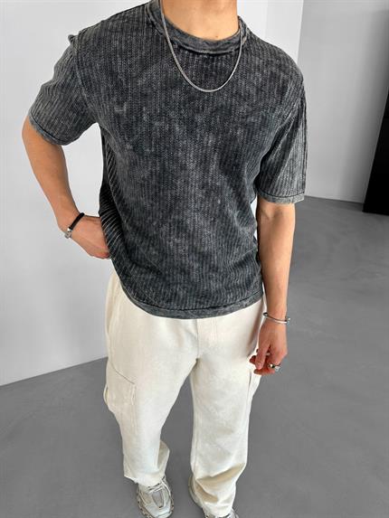 Erkek Pamuklu Dokulu Esnek Yıkama Görünümlü Triko T-Shirt Siyah