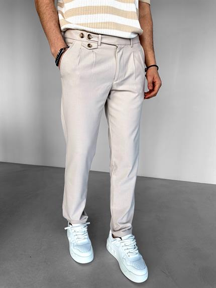 Erkek Pileli Kumaş Pantolon Krem
