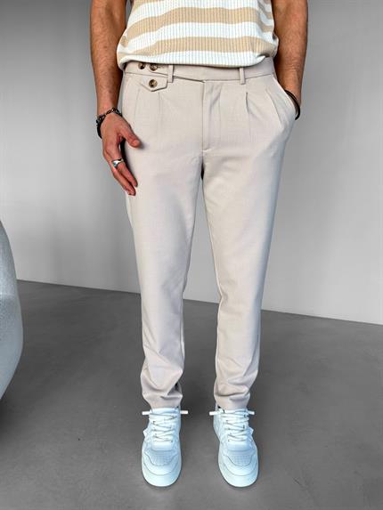 Erkek Pileli Kumaş Pantolon Krem