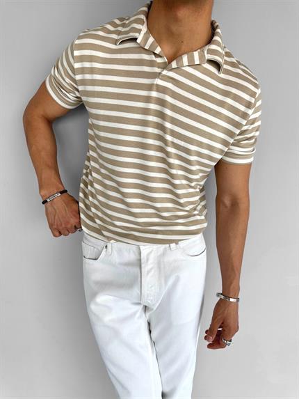 Erkek Polo Yaka Çizgili Rahat T-Shirt Bej