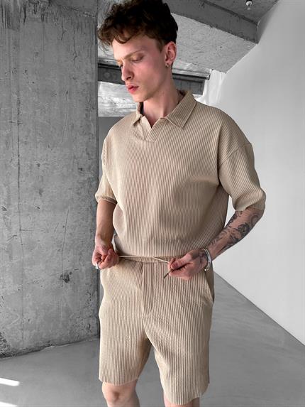 Erkek Regular Bol Kesim Fitilli Şort Bej