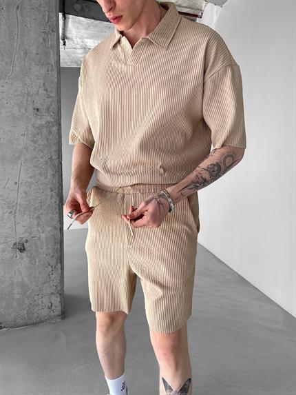 Erkek Regular Bol Kesim Fitilli Şort Bej