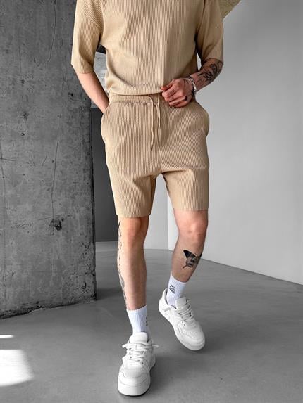 Erkek Regular Bol Kesim Fitilli Şort Bej