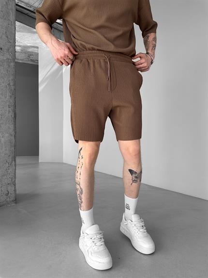 Erkek Regular Bol Kesim Fitilli Şort Kahverengi