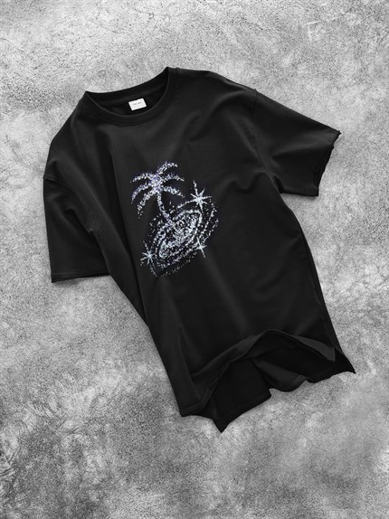 Erkek Relaxed Galaxy Oversize T-Shirt Siyah