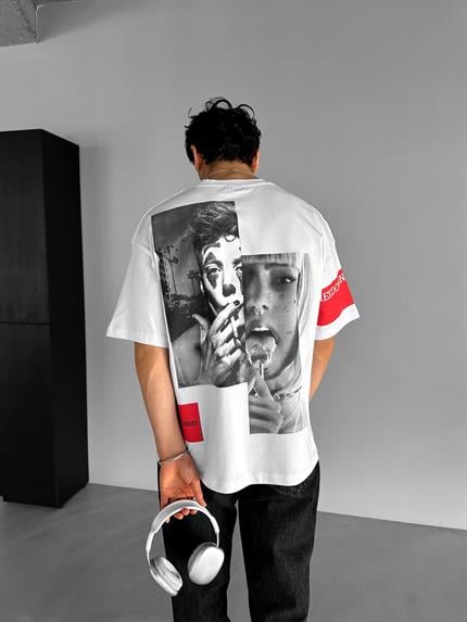 Erkek Sırtı Patchli Oversize T-Shirt Beyaz