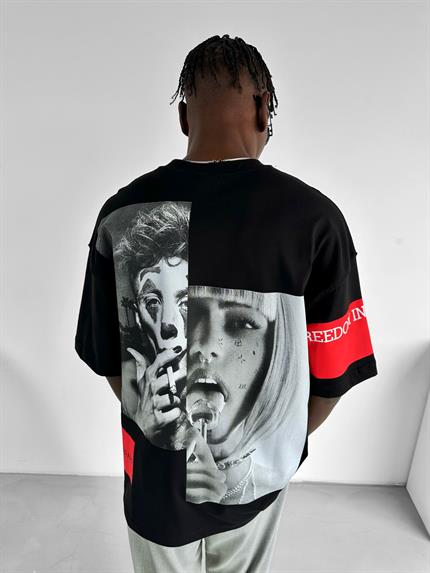 Erkek Sırtı Patchli Oversize T-Shirt Siyah