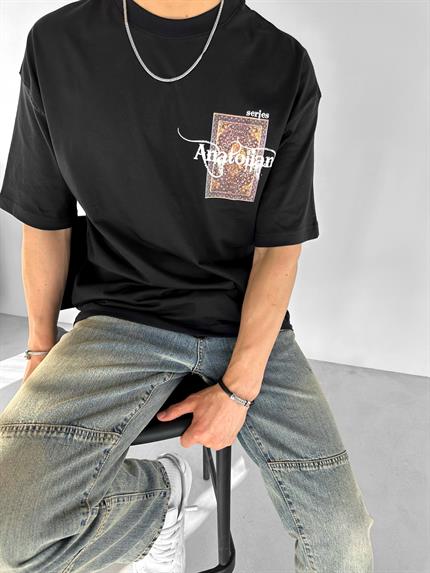 Erkek Sırtı Patchli Oversize T-Shirt Siyah