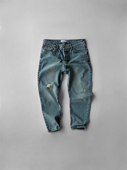 Erkek Boyfriend Yıkamalı Distressed Jean Pantolon Buz Mavi