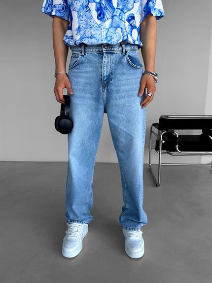 Erkek Süper Baggy Fit Basic Jean Pantolon Mavi