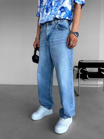 Erkek Süper Baggy Fit Basic Jean Pantolon Mavi