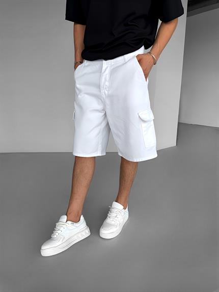 Erkek Süper Baggy Fit Kargo Cepli Şort Beyaz