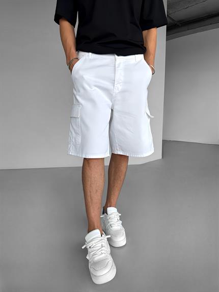 Erkek Süper Baggy Fit Kargo Cepli Şort Beyaz