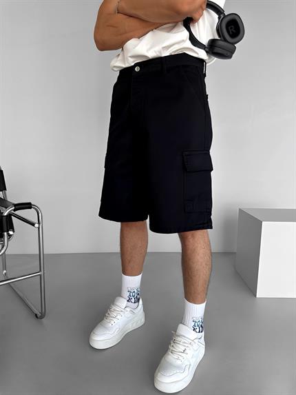 Erkek Süper Baggy Fit Kargo Cepli Şort Siyah