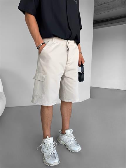 Erkek Süper Baggy Fit Kargo Cepli Şort Taş Rengi