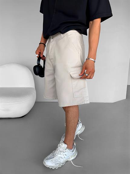 Erkek Süper Baggy Fit Kargo Cepli Şort Taş Rengi