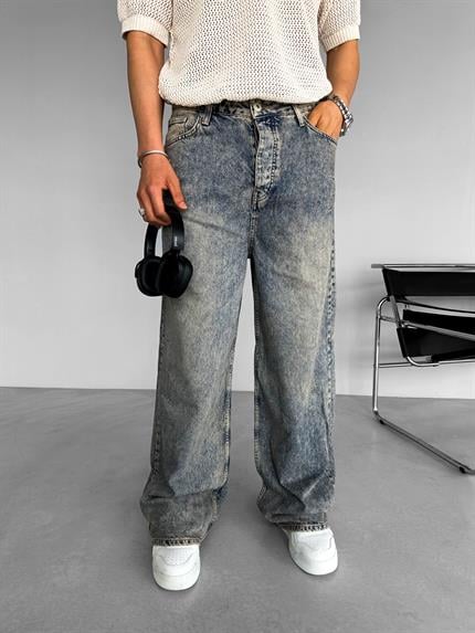 Erkek Super Baggy Fit Cep Detaylı Yıkamalı Jean Pantolon Mavi