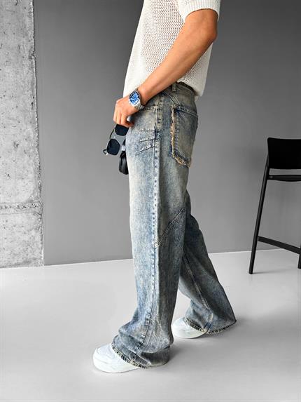 Erkek Super Baggy Fit Cep Detaylı Yıkamalı Jean Pantolon Mavi