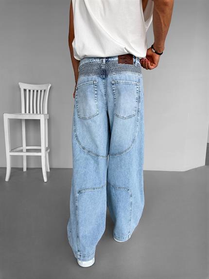 Erkek Super Baggy Fit Önü Desenli Jean Pantolon Buz Mavi