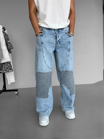 Erkek Super Baggy Fit Önü Desenli Jean Pantolon Buz Mavi