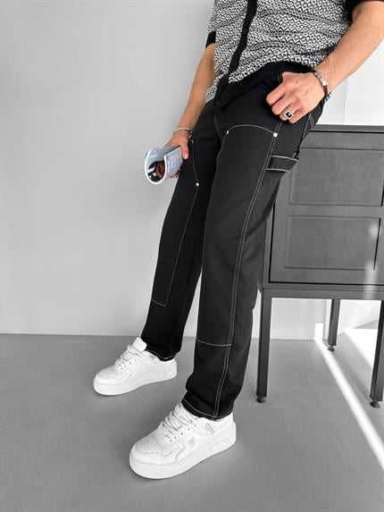 Erkek Ters Dikiş Detaylı Yamalı Pantolon Siyah
