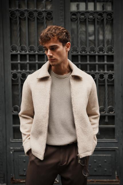 Erkek Alpaka Yün Mont Bej