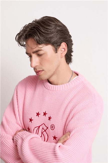 Unisex Boxy Fit Nakışlı Bisiklet Yaka Triko Kazak Pembe