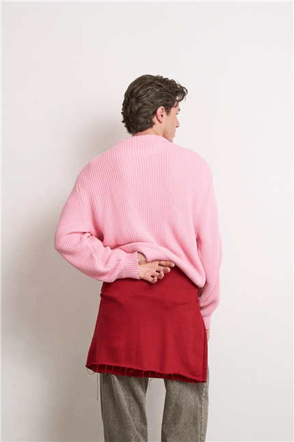Unisex Boxy Fit Nakışlı Bisiklet Yaka Triko Kazak Pembe